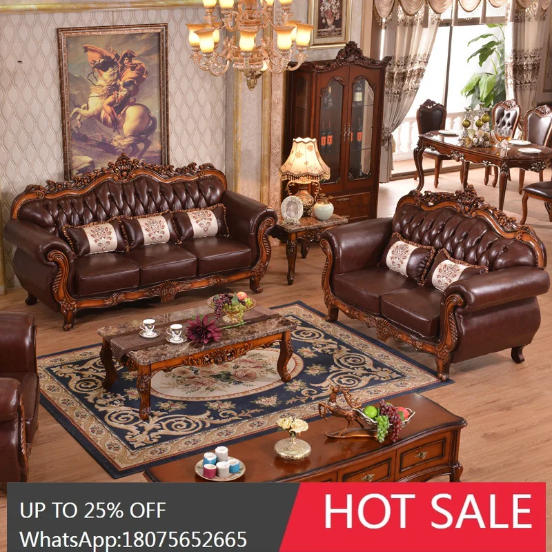 HLZ European-style Solid Wood Leather Sofa Living Room High-end Sofa Cowhide Sofa