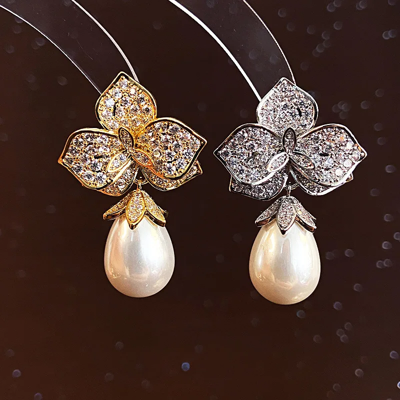

Stylish Exquisite Three-dimensional Flowers Drop-shaped Pearl Earrings European Fashion Luxury Micro-zircon Earrings for Women