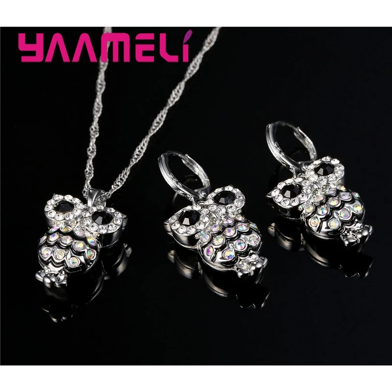 Luxury 925 Sterling Silver Women Jewelry Sets Shining Cubic Zircon Retro Night Owl for Girls Gifts Necklace Earrings