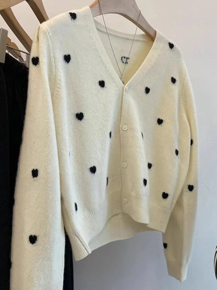 

Love Heart Print Design V-Ne Вязаный шерстяной длинный све Повседневный женский открытый кардиган Faion Корейская верхняя одежда