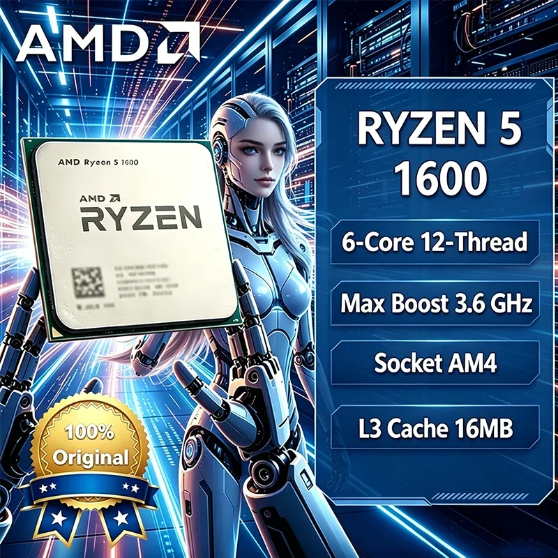 Procesador AMD Ryzen 5 1600 R5 1600 de 3.2 GHz, Seis Núcleos, Doce Subprocesos, 65W, YD1600BBM6IAE, Socket AM4, CPU para Juegos, Sin Embalaje