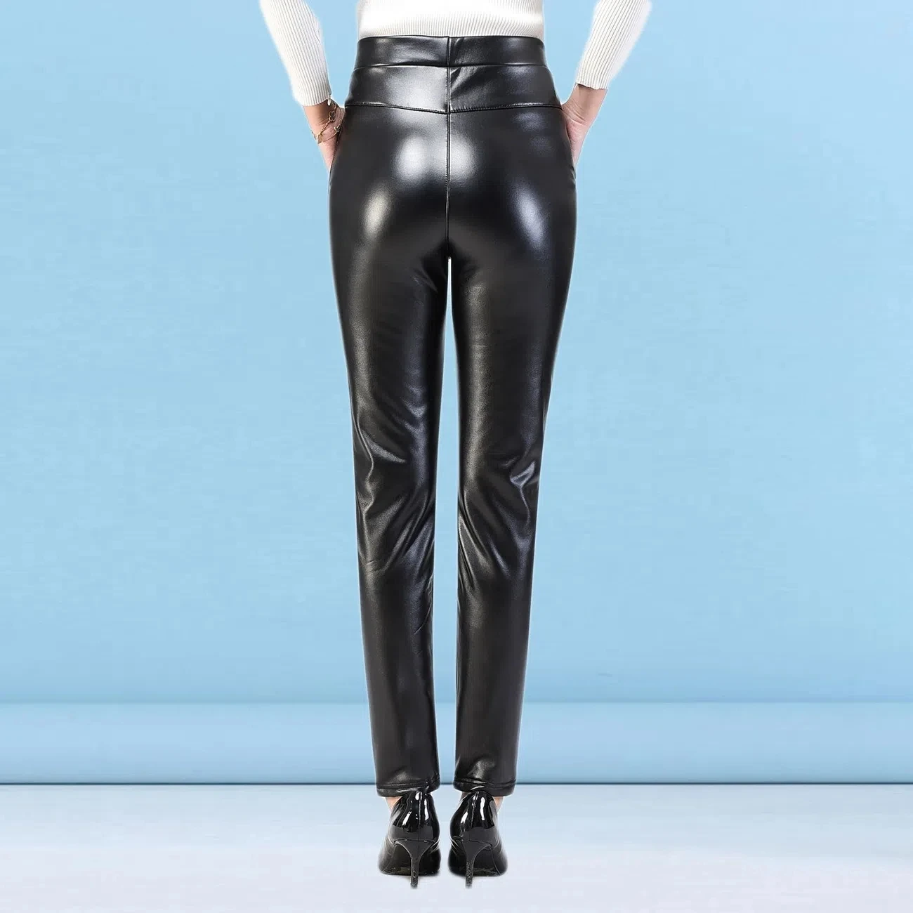 Autumn and winter 2022 new Korean style Women pants leather pants women's high waist Plush thickened elastic PU leather