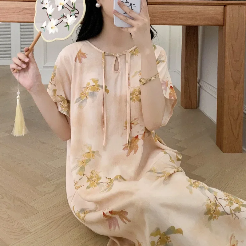 Nightgown Summer Cotton Silk New Thin Home Loose Casual Comfortable Premium  High-quality Affordable Ambiance National Style