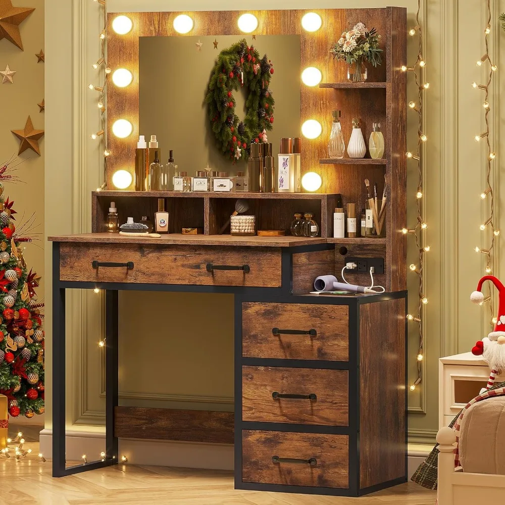 vintage makeup vanity with lights in 3 colors, vanity table with charging station of 2 usb ports and outlets, vanity desk with