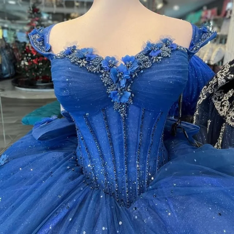 

Shiny Dark Blue Quinceanera Dress Sequins Decal 3D Flower Long tail Crystal off-shoulder Vestidos De 15 Quinceanera ﻿Customize
