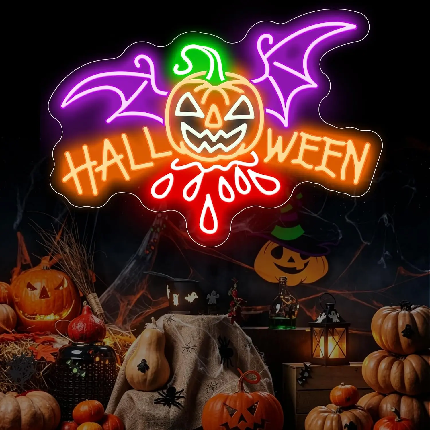 Halloween Neon Sign LED Neon Light USB Powered Jack O Lantern Neon Lamp Wall Hanging Light for Party Bar Bedroom Home Decor Gift