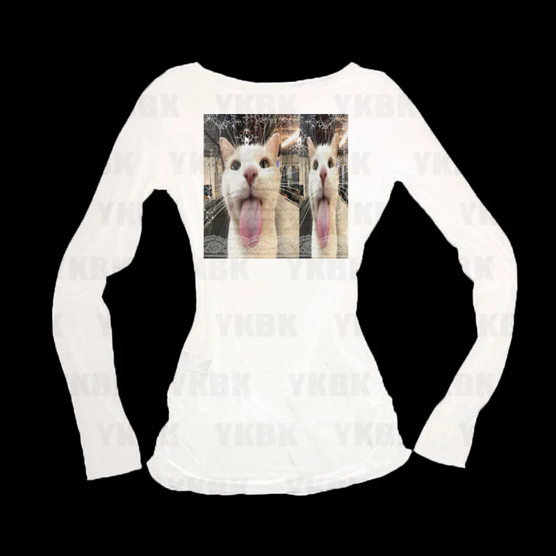 Print Long Sleeve Tank Top T Shirt Y2K Casual Kitty Women Baby Cute Punk Crop Top Harajuku Fashion Vest Tee 90s Street Outfits
