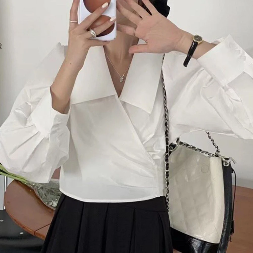 

Autumn Season Waist Cross-over Shirt Casual Female Shirt L M Lapel Neckline Polyester Fabric Short Style For Commuting