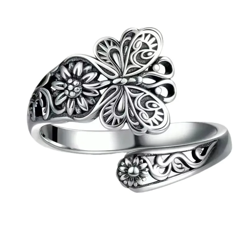 Sterling Silver Spoon Ring Vintage Butterfly and Flower Carving, Plated Symbol of Beauty and History High Quality Gift