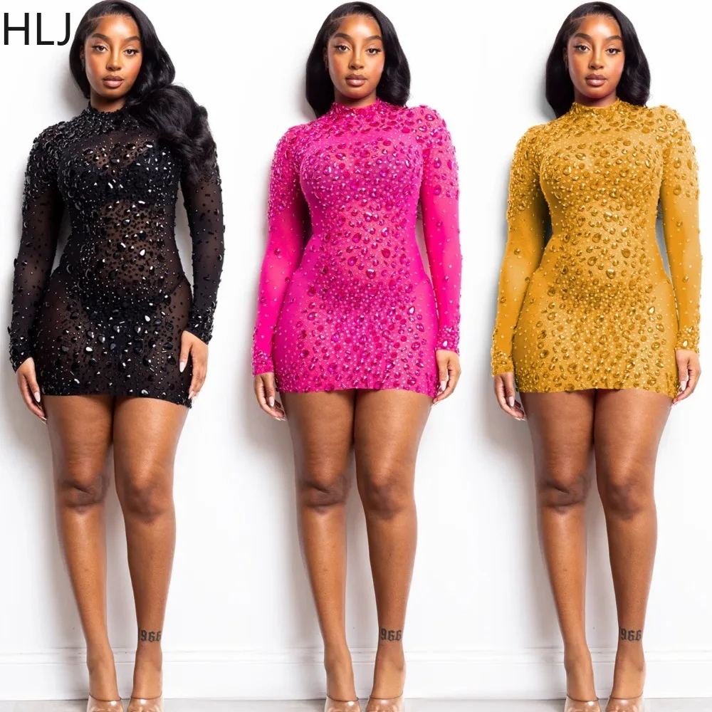 

HLJ Sexy Mesh Rhinestone Bodycon Dresses for Women Solid Color Round Neck Long Sleeves Dress Female Party Clubwear Vestidos 2025
