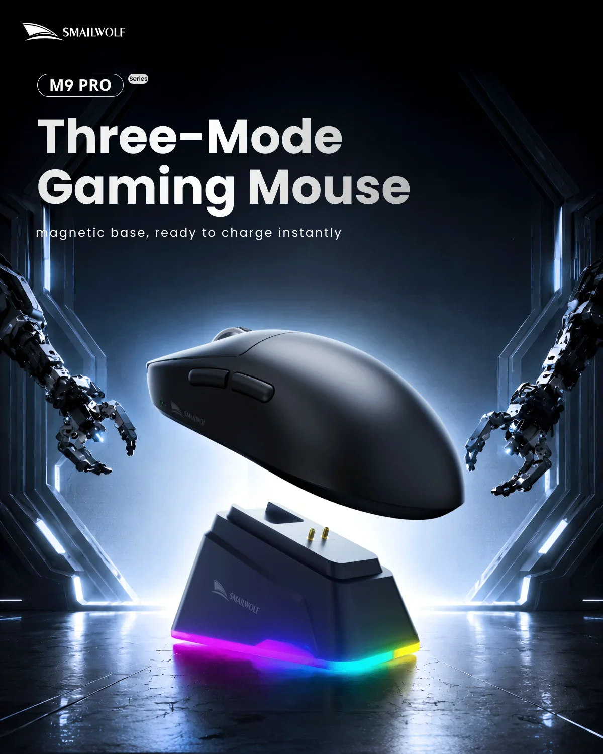 SMAILWOLF M9/M9PRO Tri-Mode 12000 DPI Lightweight Mouse S205 PAW3311 Magnetic Charging Dock Rechargeable for FPS PC Laptop