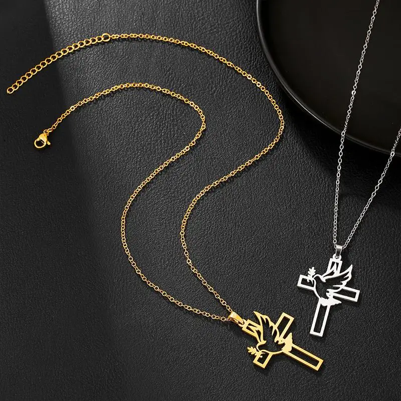 Peace Dove Necklace Stainless Steel Openwork Pendant with Chain Christian Jewelry Gift for Women Girls Baptism Communion