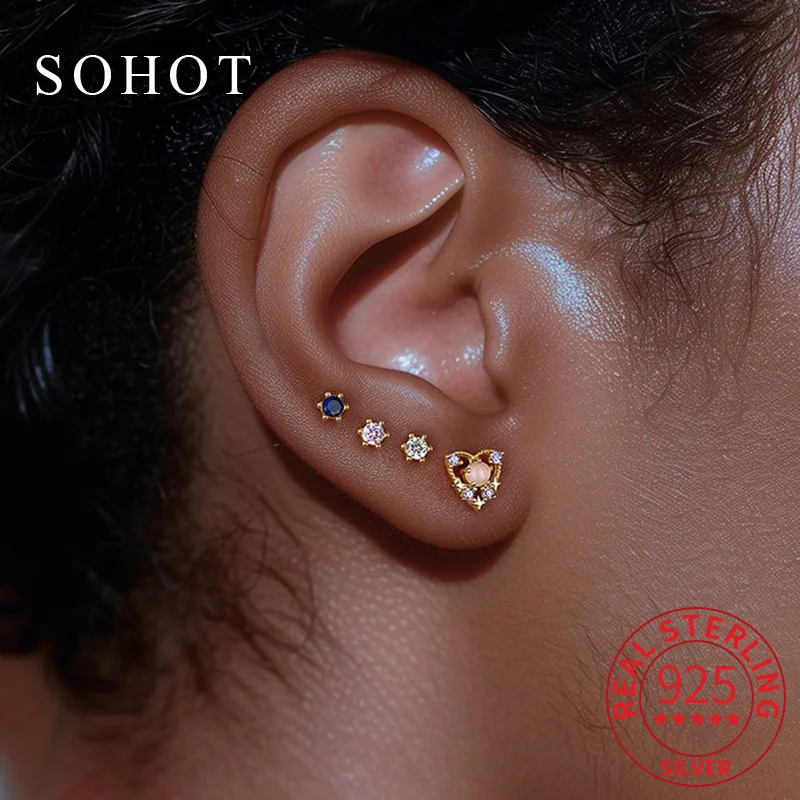 

1 Pcs Real 925 Sterling Silver Colorful Zircon Moon Butterfly Heart Mini Stud Earrings for Women Cute Fine Jewelry Accessories