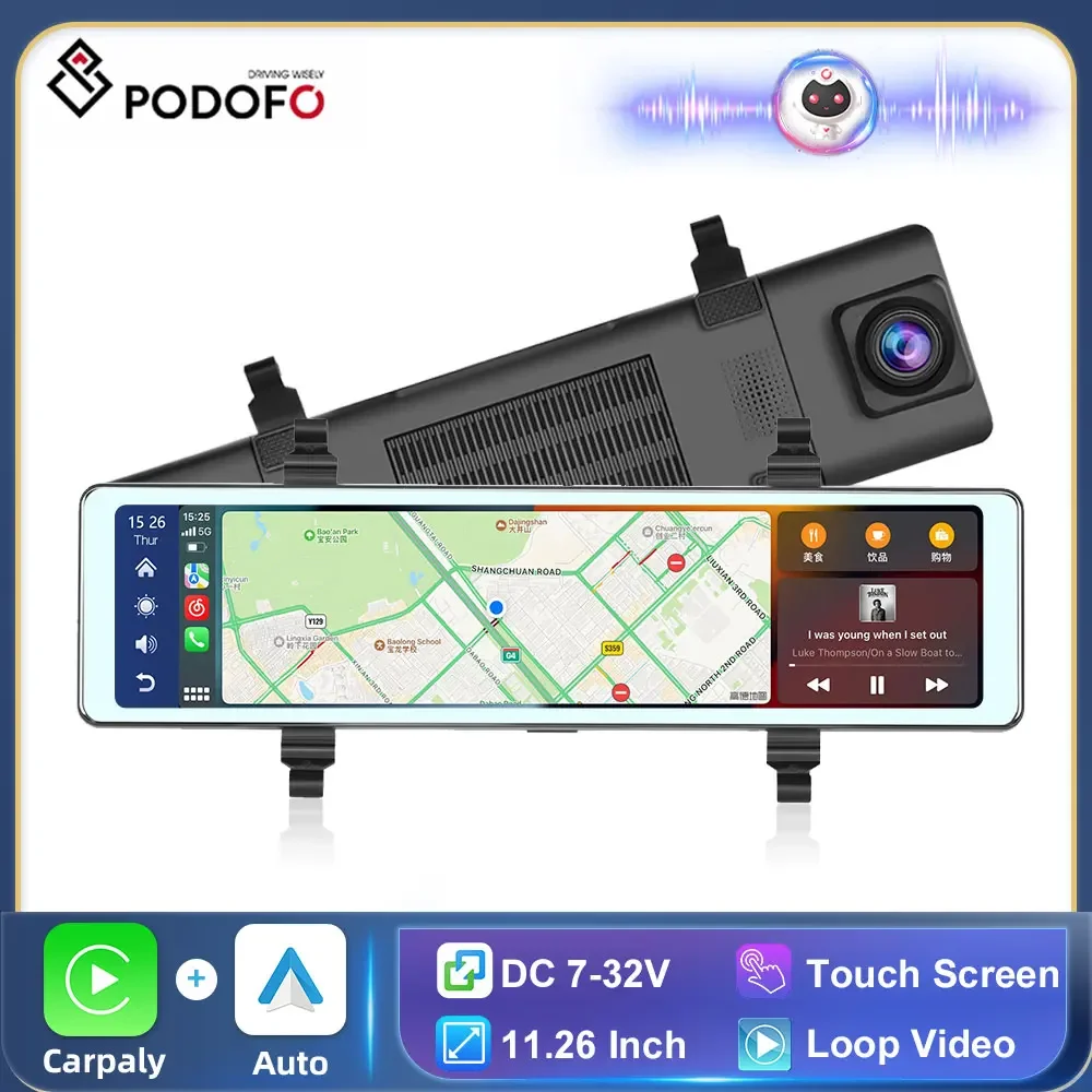 Podofo 11.26 inch Carplay Monitor & Android Auto Dashcam Rearview Camera Dual Camera Support TF card FM Mirror Monitor DVR