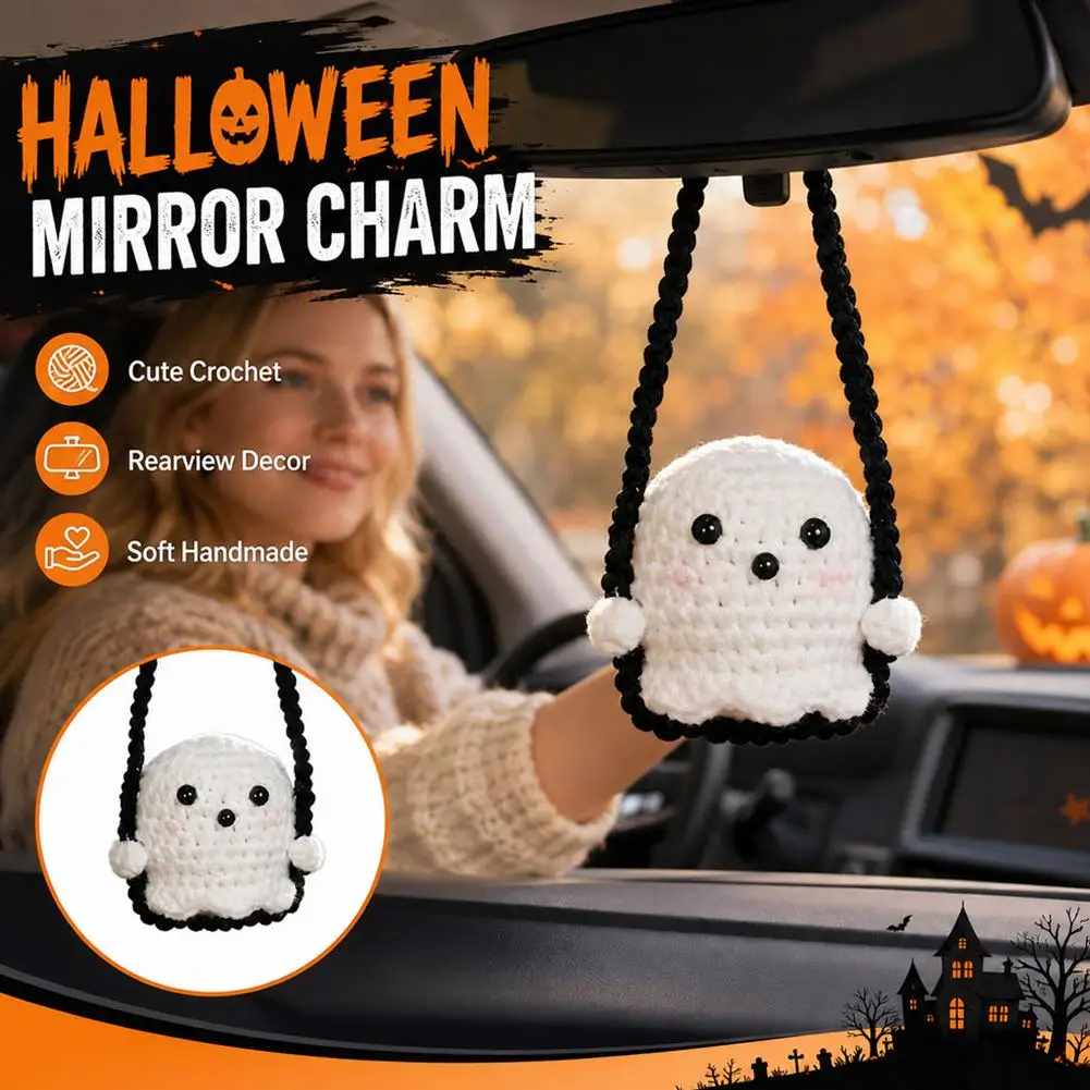 Kürbis-Geist Auto-Spiegel-Hängeornament, Handgemachte Gehäkelte Rückspiegel-Dekoration für Halloween, Weicher Garn-Auto-Anhänger-Dekor – Detail 8