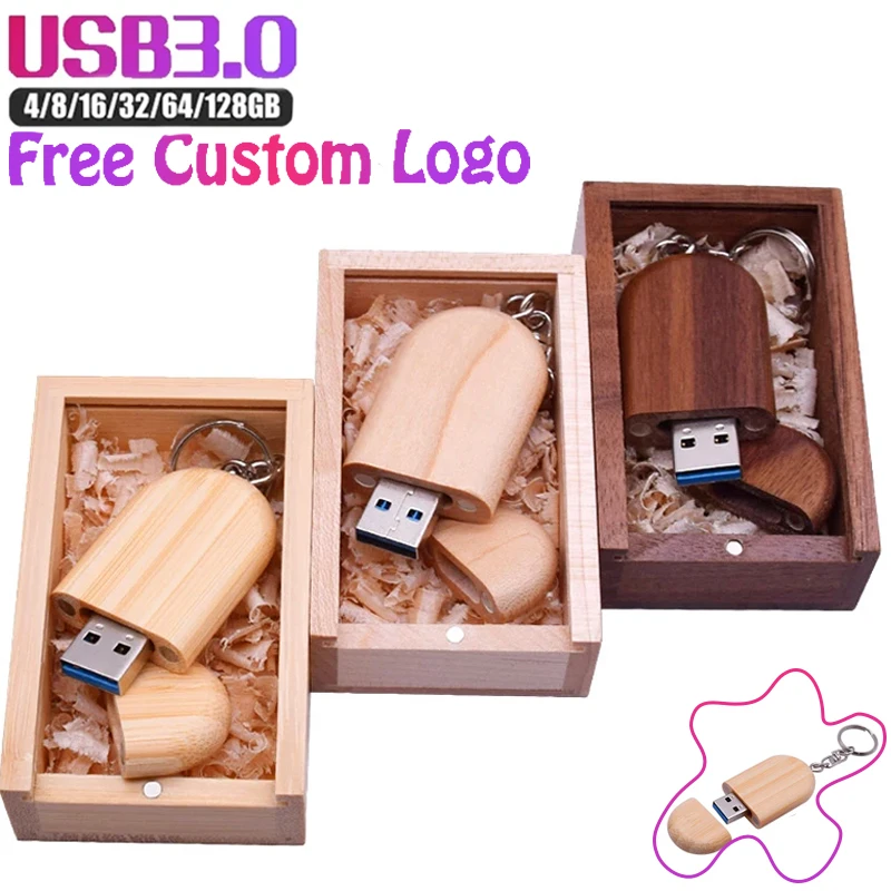 Free Custom LOGO USB Flash Drive 3.0 128GB Free Key Chain Pendrive 64GB Natural Bamboo Pen Drive 32GB Wedding Memory Stick 16GB