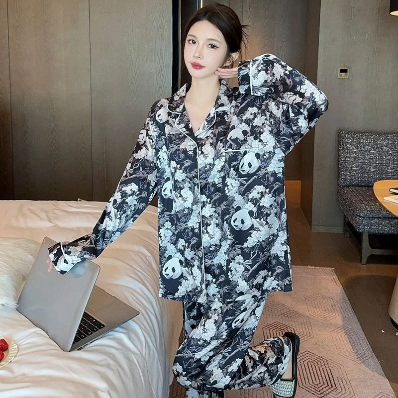 중국 스타일 레트로 블랙 팬더 프린트 여성 잠옷, 클래식 우아한 화이트 꽃 잠옷, 2025 가을 용수철 신상