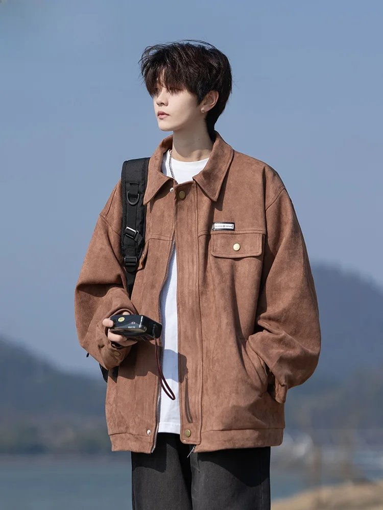 

Wassup Happy American Retro Suede Jaet Мужская повседневная модная свободная верхняя одежда большого размера для пар Ветрозащитная длинная застежка-молния...