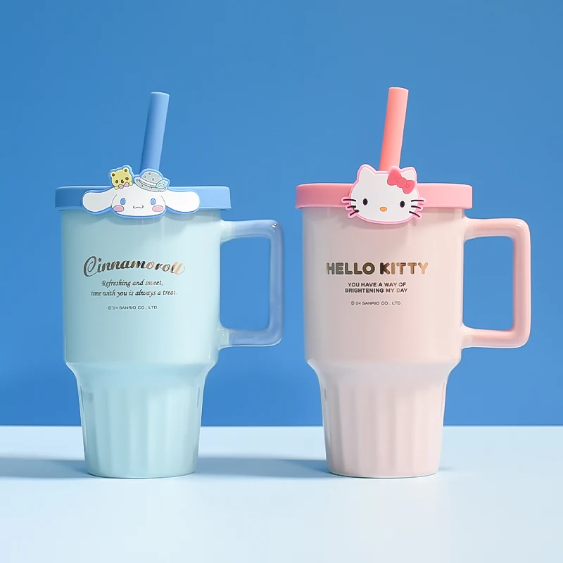 Miniso Sanrio Covered Large Capacity 600ML Ceramic Cup Hello Kitty, Pochacco, Kuromi Straw Cup