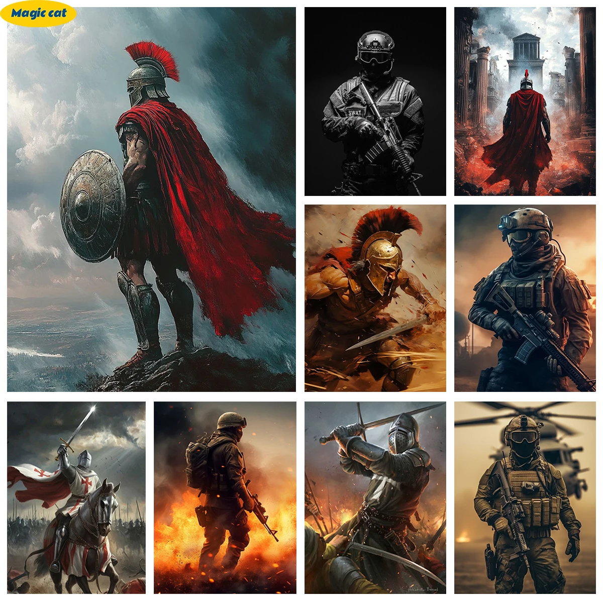 

Roman Gladiator 5D AB Diamond Painting Ancient and Modern Warriors Pixel Style Mural DIY Round Drill Embroidery Decor Men's Gift