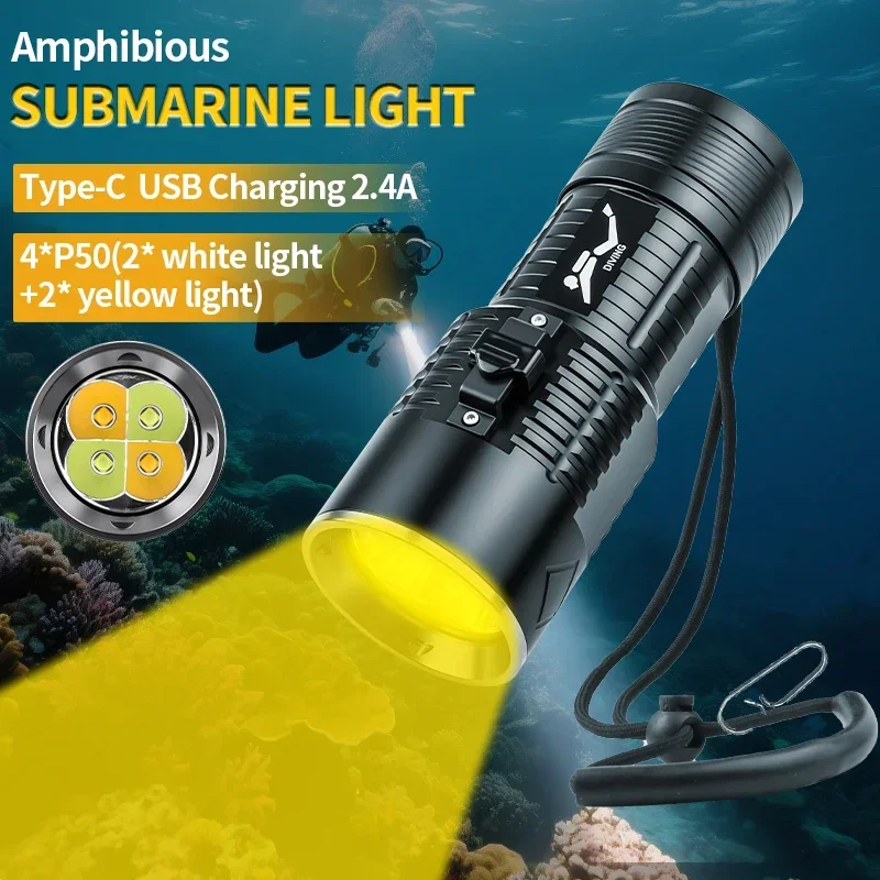 7500mAh 5000LM 4*P50  XHP50 Diving  Flashlight 2 White 2 Yellow Light IPX8  Waterproof Underwater Land Use High-Intensity