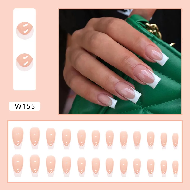 French White Border 24 Pcs Press on Nails Pink Gradient Fake Nails Glossy Artificial Finger Manicure Reusable False Nails