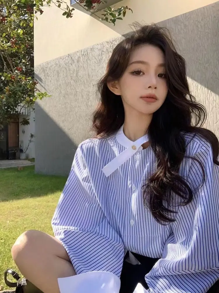 

French Niche Lrregular O Neck Long Sleeve Blouse Simple Casual High Street Lazy Women Clothes Y2k Aesthetic Striped Fresh Shirts