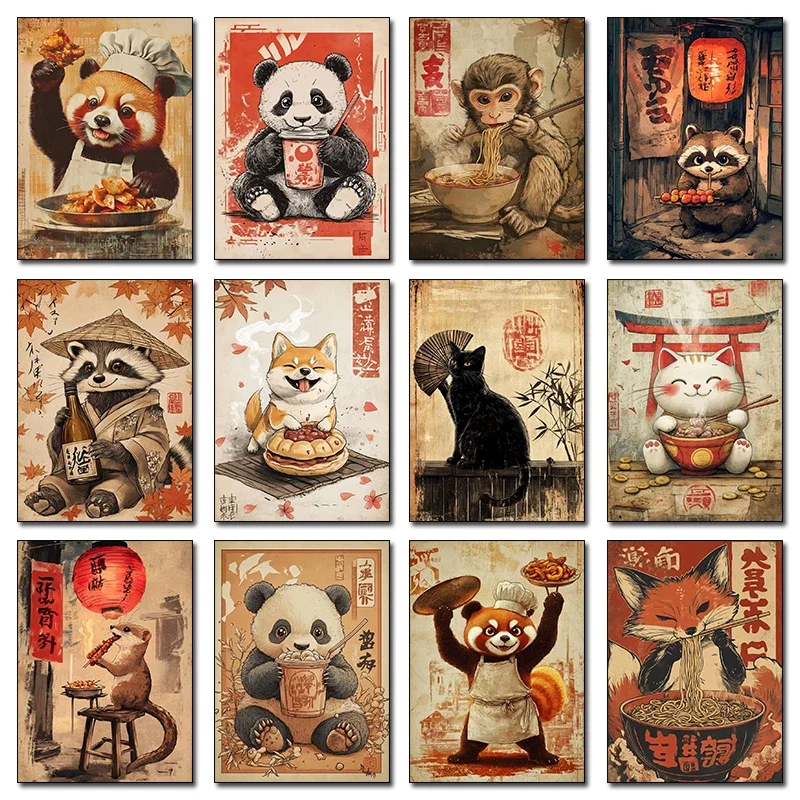 Multiple sizes 1pc frameless Canvas Painting,Black Furry Cat Cute Panda Chef Eating Dumplings Dog Fox Noodles Poster Print Wall