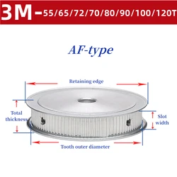 3M Two Plane Aluminum Alloy Timing Pulley 55/65/72/70/80/90/100/120 Teeth Slot Width 16mm Timing Pulley Bore 6-40mm