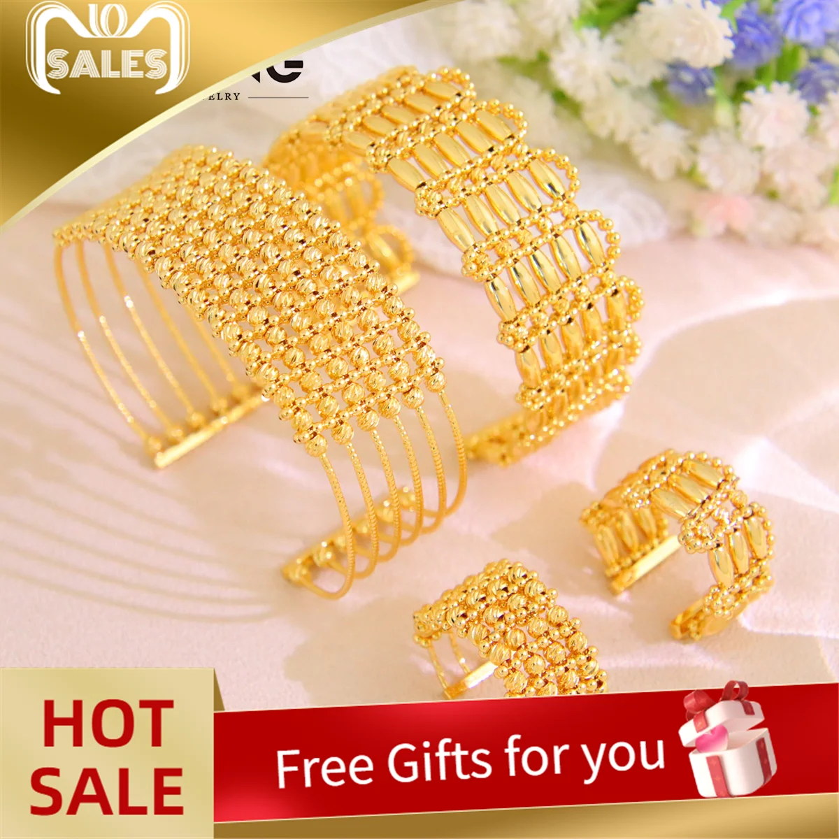 

Luxury Dubai Wedding Multi Layer Bracelet Set 24k Gold Plated Adjustable Arabic Design Bangles Italian Women Bridal Jewelry Gift