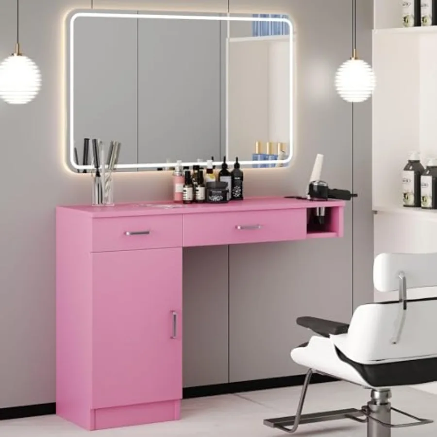 Estación de Peluquería Rosa para Estilistas, Estación de Barbería Montada en la Pared con Gabinete, Equipo de Peluquería, Soporte para Secador de Pelo, Cajones, Espejo
