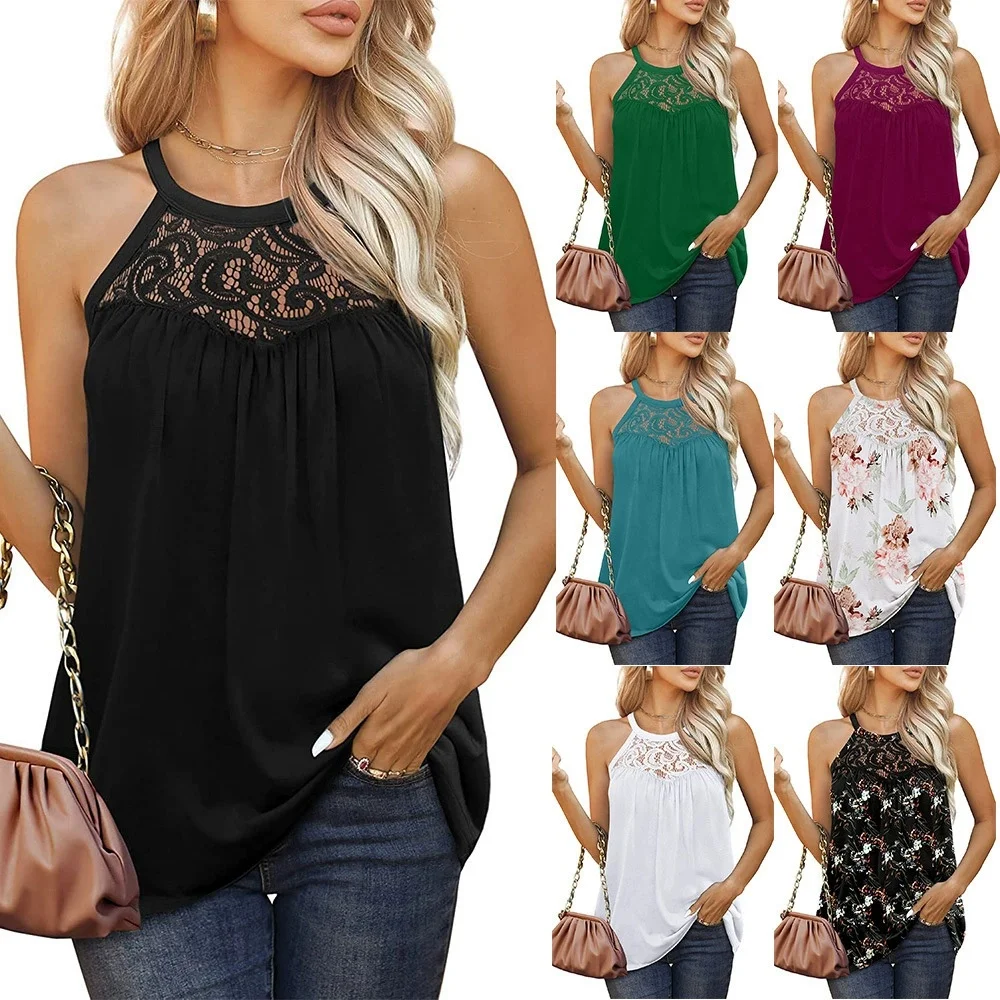 Summer Fashion Lace Hollow Sleeveless Tank Tops T-shirt  Ladies Loose Sexy Strap Tanks Off Shoulder Pleated Solid Color Tops