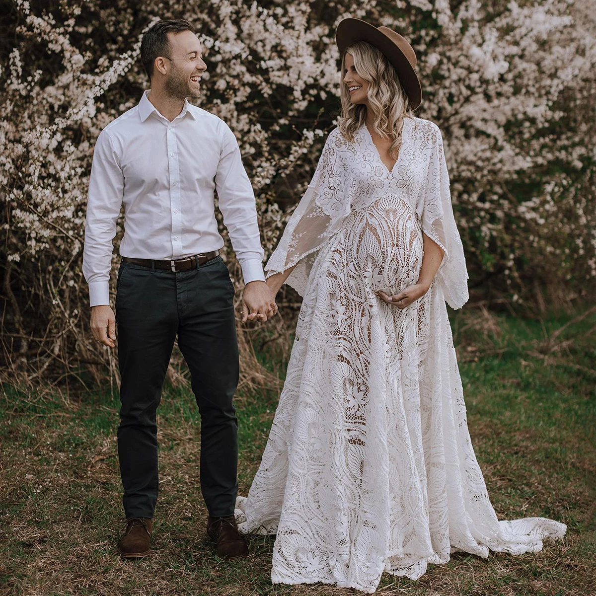 Boho Empire Waist Maternity Wedding Dress Beach Elopement Cutout Lace Plus Size Long Batwing Sleeves Pregnant Women Bridal Gowns