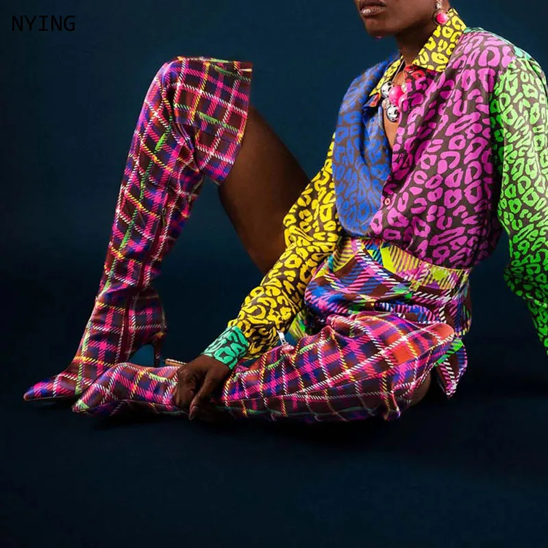 

2026 Grid Peep Toe Flame Stiletto Thin Heels Over The Knee Boots Women Mixed Color Thigh Long Botas 44