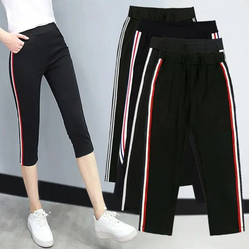 

Новые женские корейские спортивные брюки-капри с эластичным поясом, свободного кроя, повседневные, тонкие, из полиэстера, с высокой талией