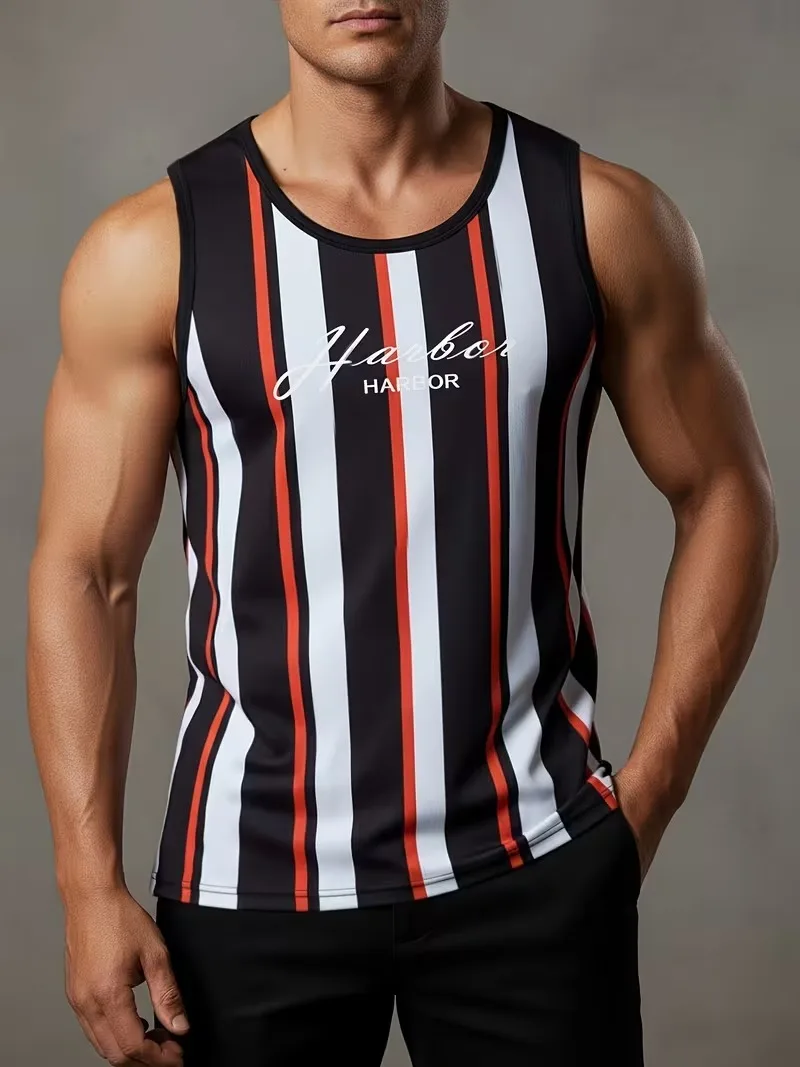 Harbor letter printed contrasting striped sleeveless men's vest spring summer breathable fitness leisure  t-shirts and tank tops
