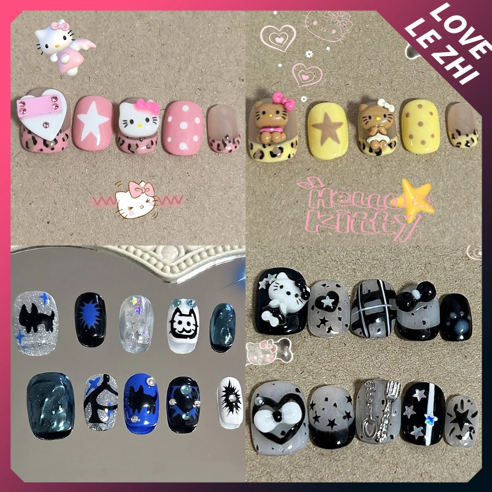 

10Pcs Sweet Cool Short Square Round Handmade Detachable Fake Nails 3D Cartoon Bowknot Five-Pointed Star Wings False Nail Gift