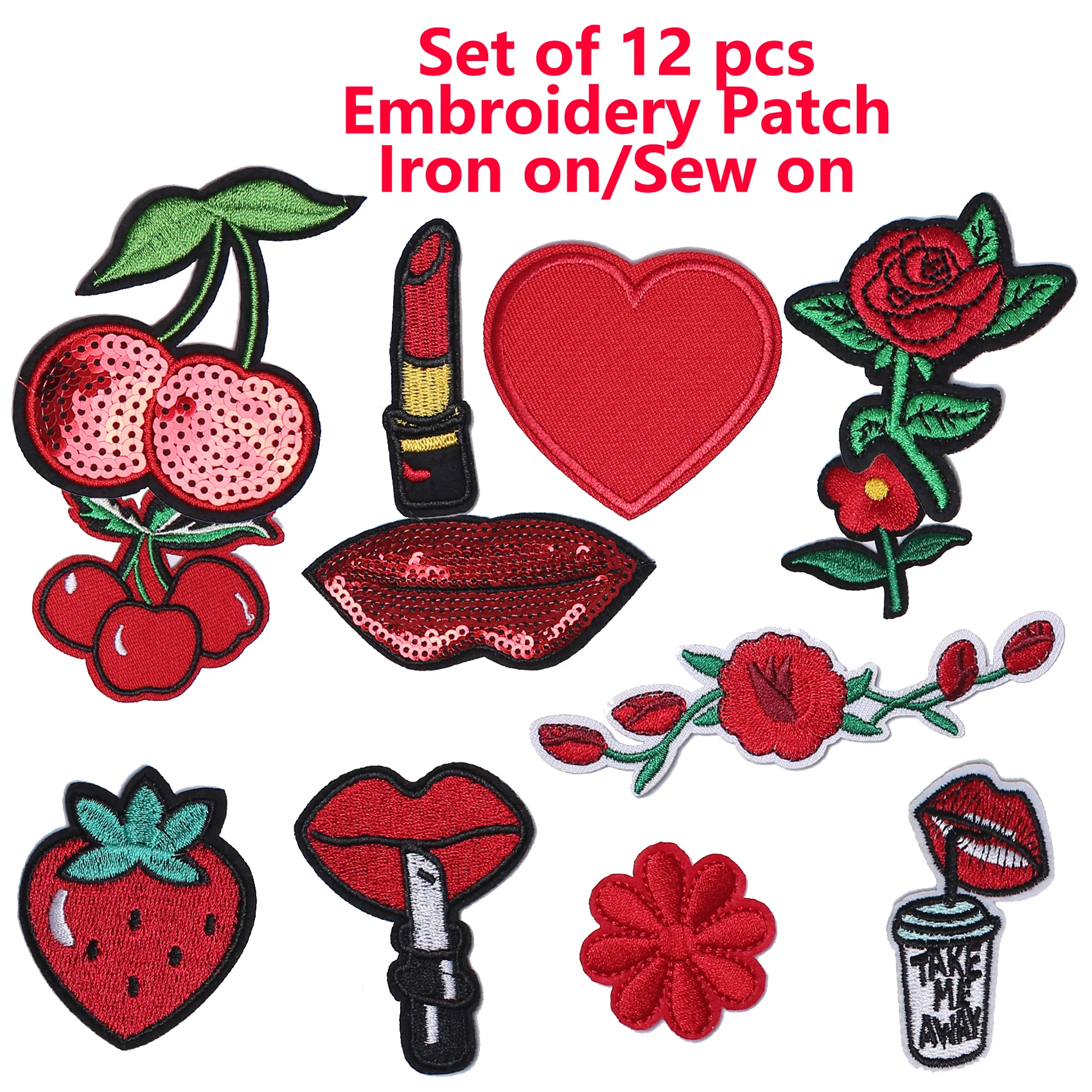 AXEN Embroidered Patches, 3D, Red Lipstick, Red Lip, Heart, Strawberry, Red Rose, Iron on Sew on Badges, Holt Melt Backing, Set