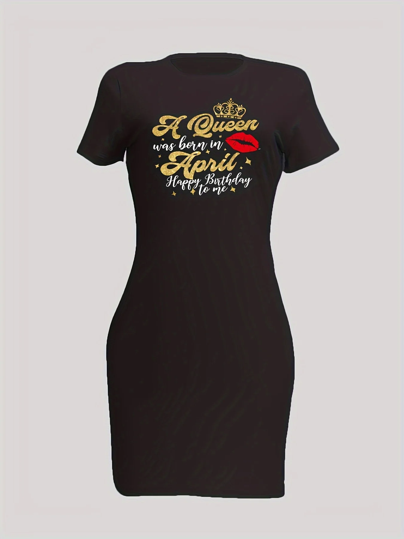 

Crown & Lips Print Bodycon Dress, Elegant Short Sleeve Dress For Spring & Summer, Women's Clothing