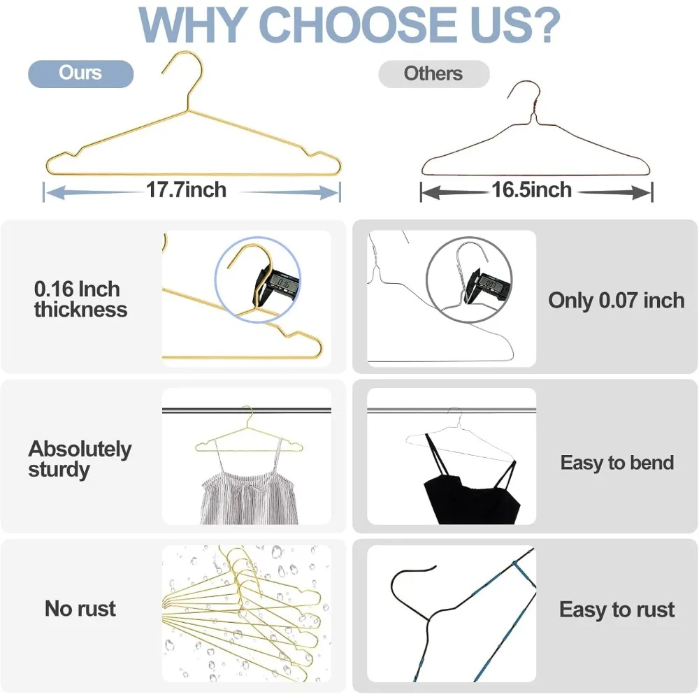 Confezione da 100 grucce in metallo dorato da 17,7 pollici per carichi pesanti per abiti di grandi dimensioni, camicie, pantaloni, cappotti - Supporto resistente per abiti per occasioni speciali