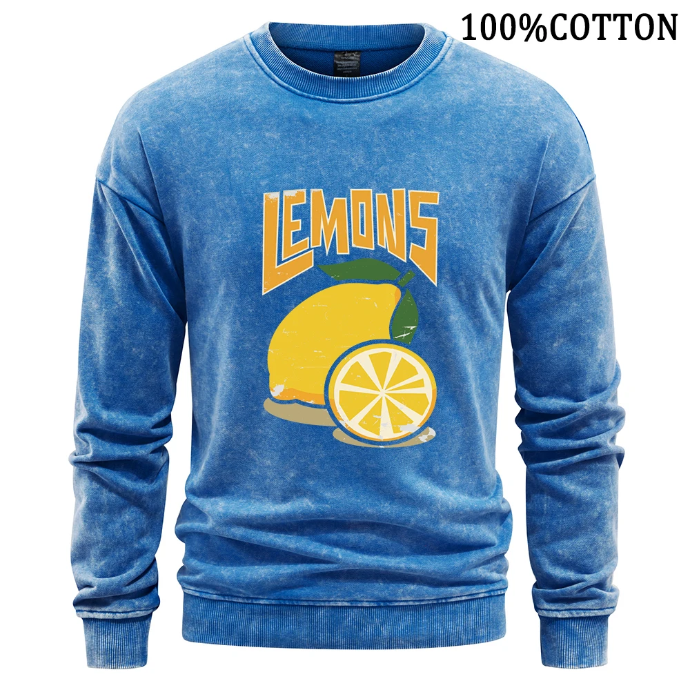 Fruit Lemons Printing Man Sweatshirt Retro Washed Hoodie Flexible Soft 100% Cotton Hoodies Street Oversize Sweatshirts Clothing