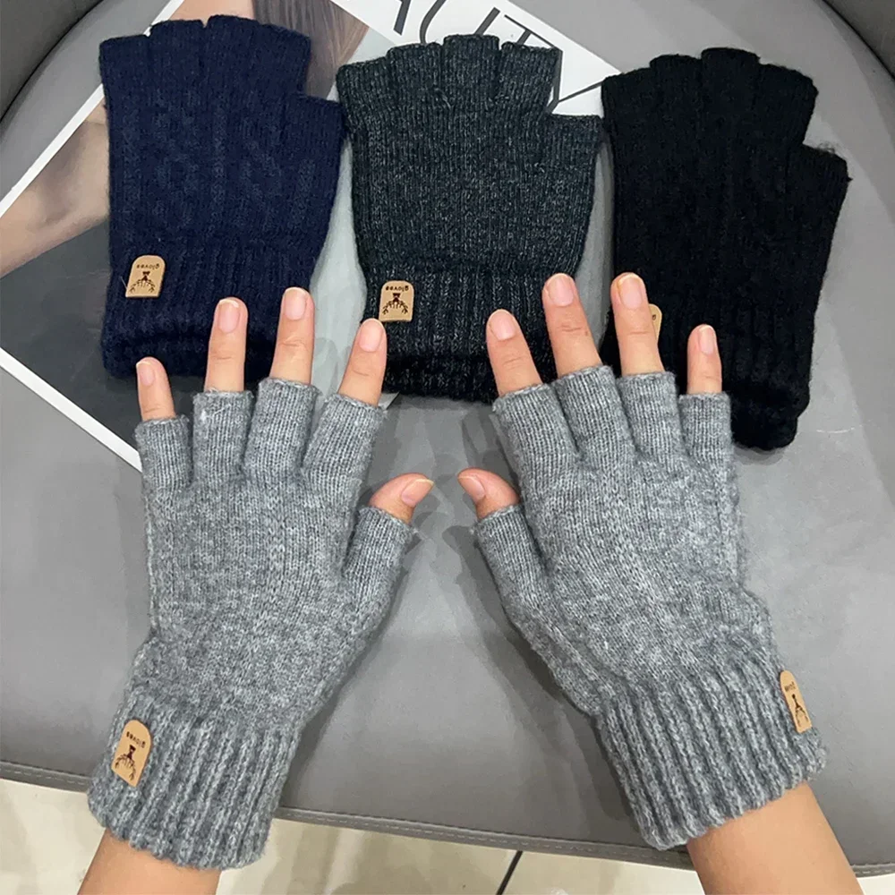 Winter Knitted Thick Thermal Half Finger Gloves Women Men Outdoor Warm Cotton Wool Driving Fingerless Glove Touchscreen Mittens