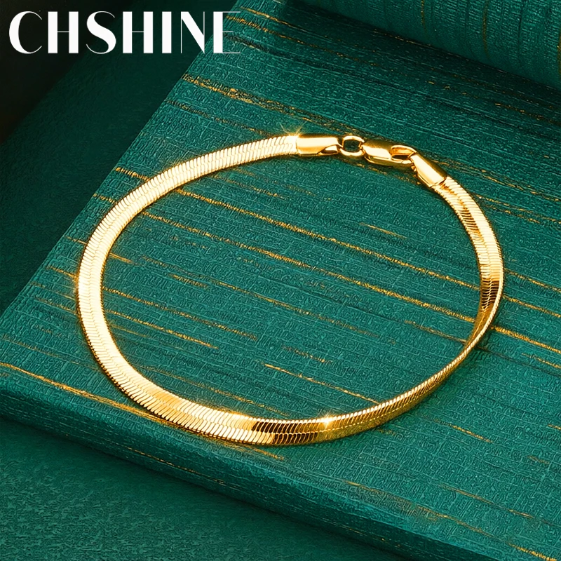 925 Sterling Silver 18K Gold  Flat Blade Chain Bracelet For Women Wedding Party Fashion Charm Jewelry