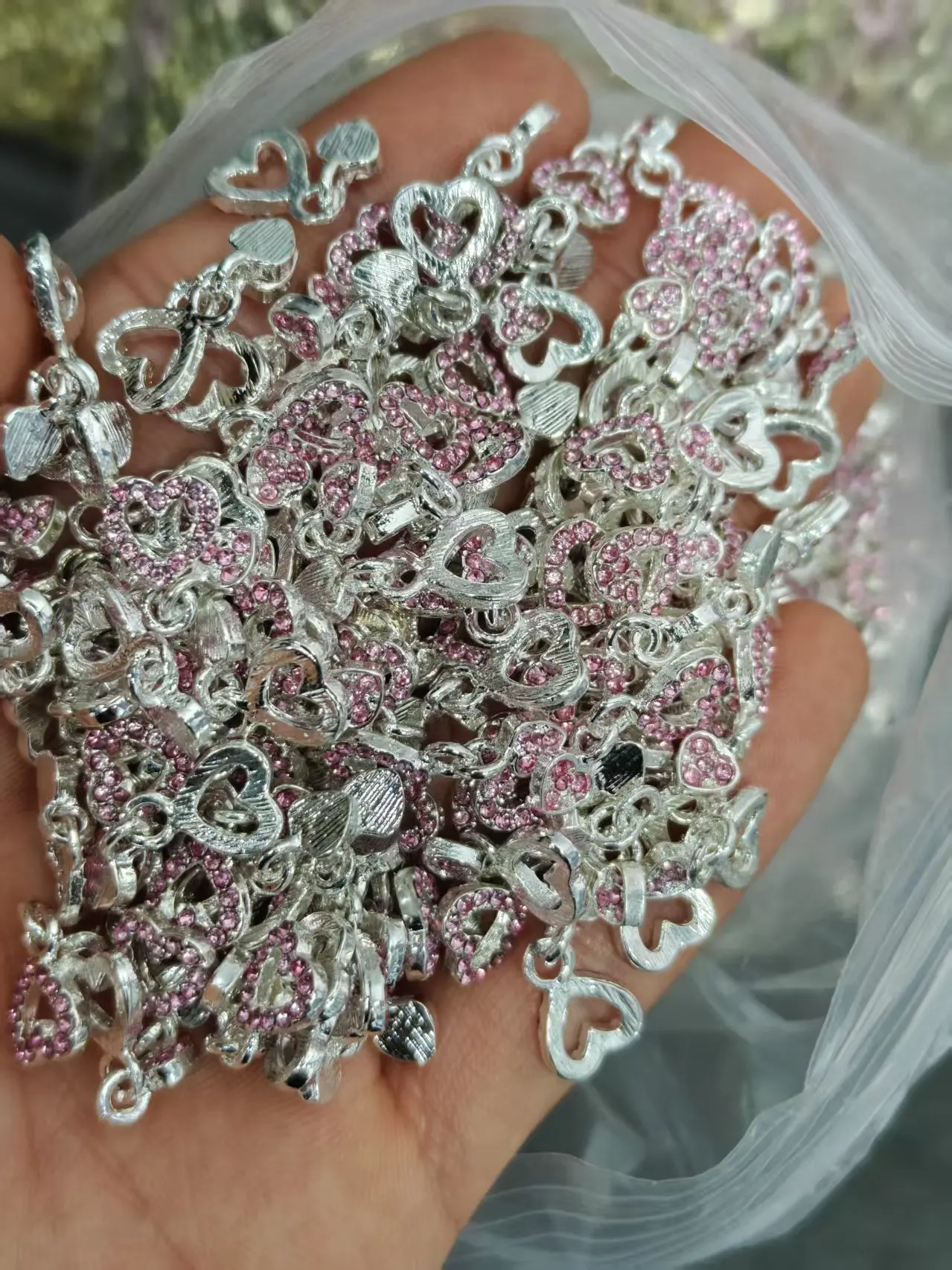 10PCS Pink Zircon Heart Nail Charms 3D Hollow Heart Nail Rhinestones Shiny Crystal Nail Art Decorations