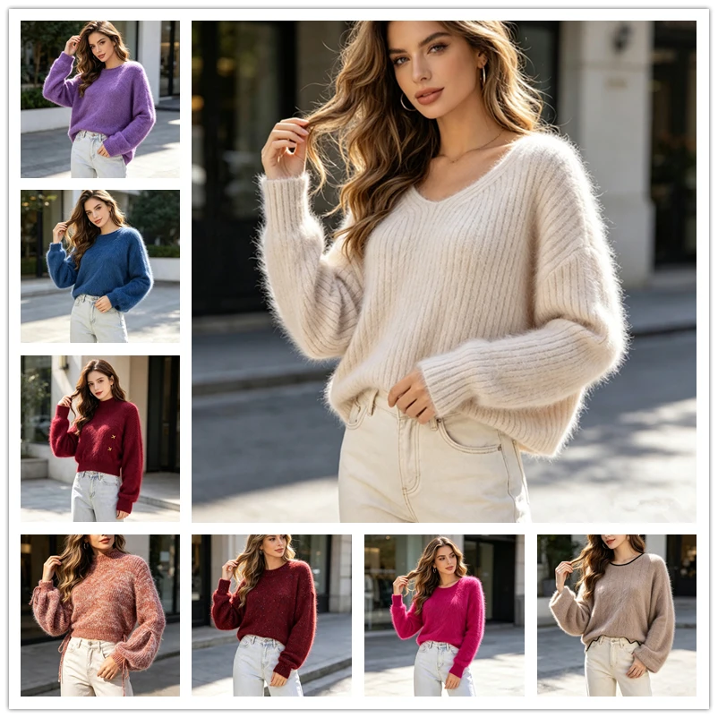 Ladies Women Autumn Winter Clothing Fashion Hairy Angora Rabbit Hair O-Neck Long Sleeves Loose Pullover Sweater Jumper Pull Tops