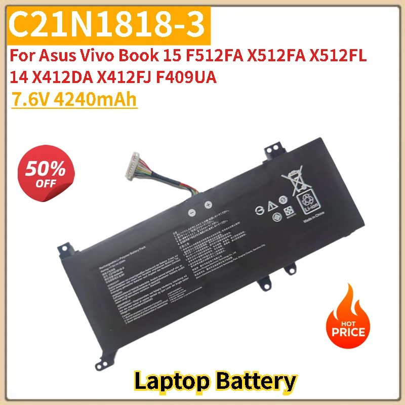

C21N1818-3//C21N1818-2/C21N1818-1 Laptop Battery 7.6V 4240mAh for Asus Vivo Book 15 F512FA X512FA X512FL 14 X412DA X412FJ F409UA