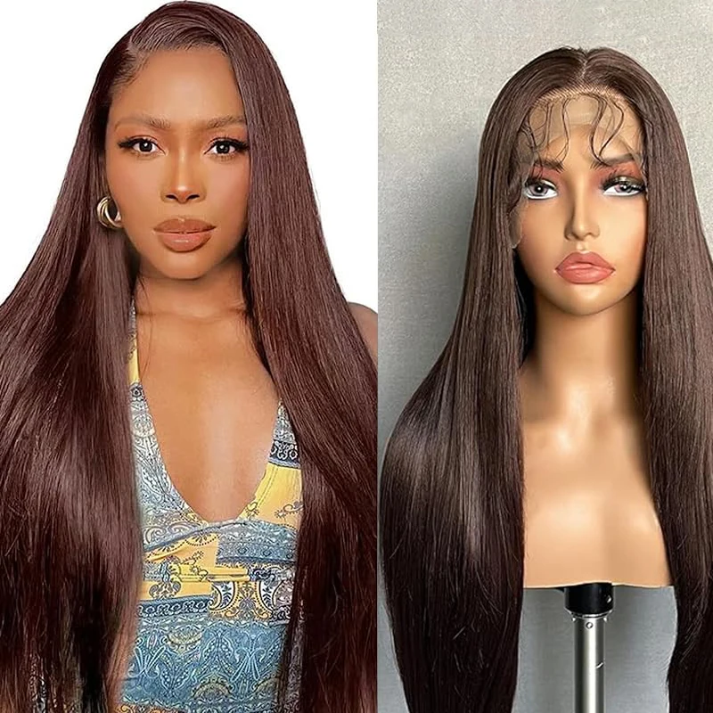 

13x4 Chocolate Brown Lace Front Wig Pre Buckled Baby Hair Straight Wig Transparent Lace Wig # 4 Colored Suitable For Black Women