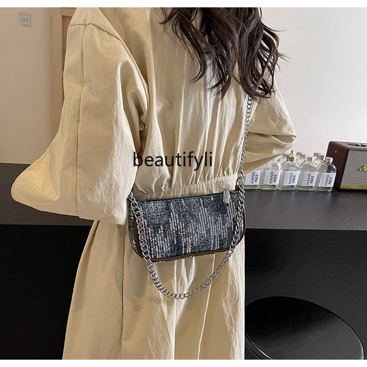 Denim Sequin Pouch Women's Summer New Shoulder Underarm Bag Special-Interest Design Chain Crossbody Small Square Bag