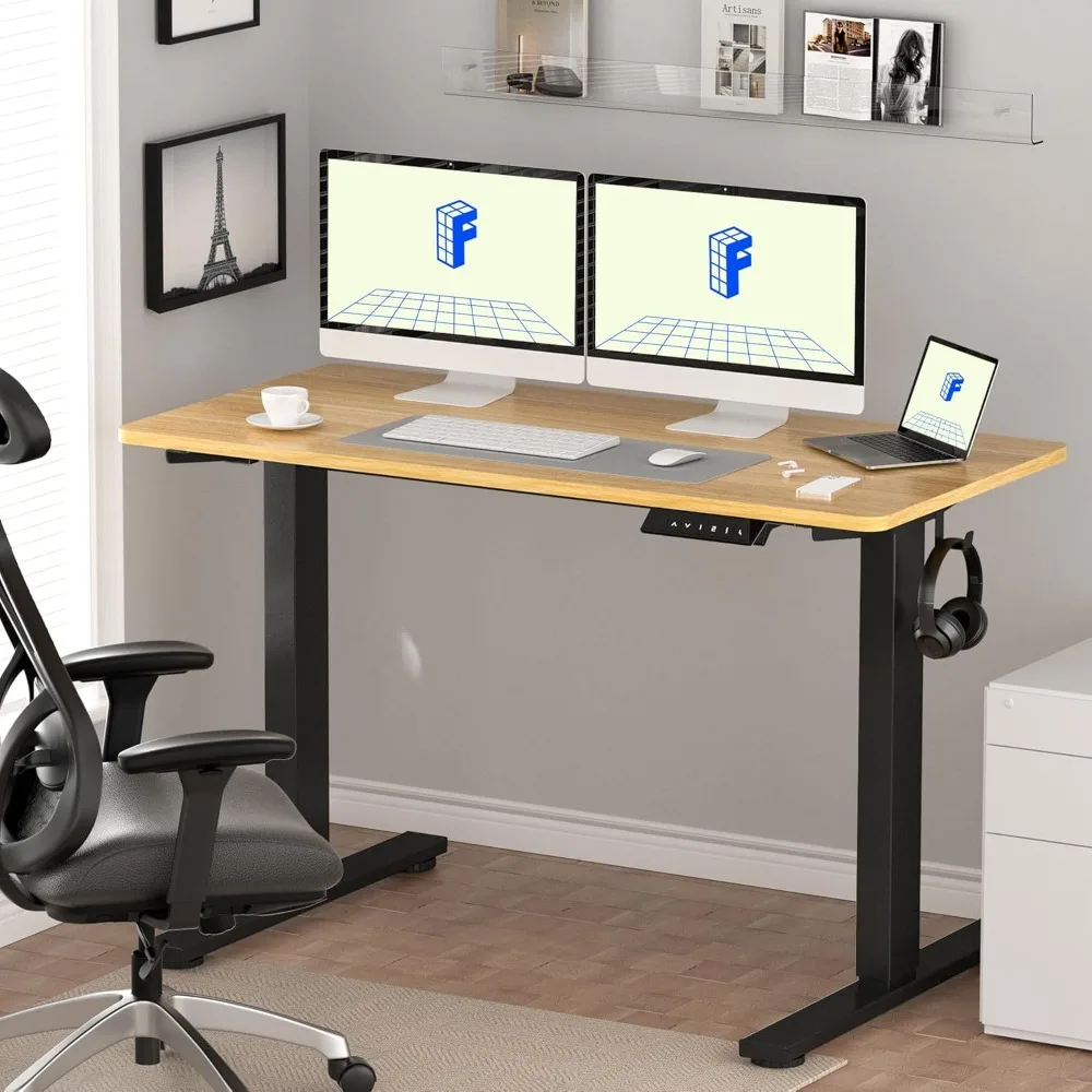 Electric Sit Stand Desk Home Office Table Standing Desk (Black Frame + Maple Top, 2 Packages)