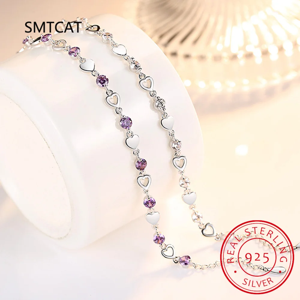 Round Natural Amethyst 925 Sterling Silver Heart Bracelet Statement Purple Gemstone Fine Jewelry for Women Valentine's Day Gift